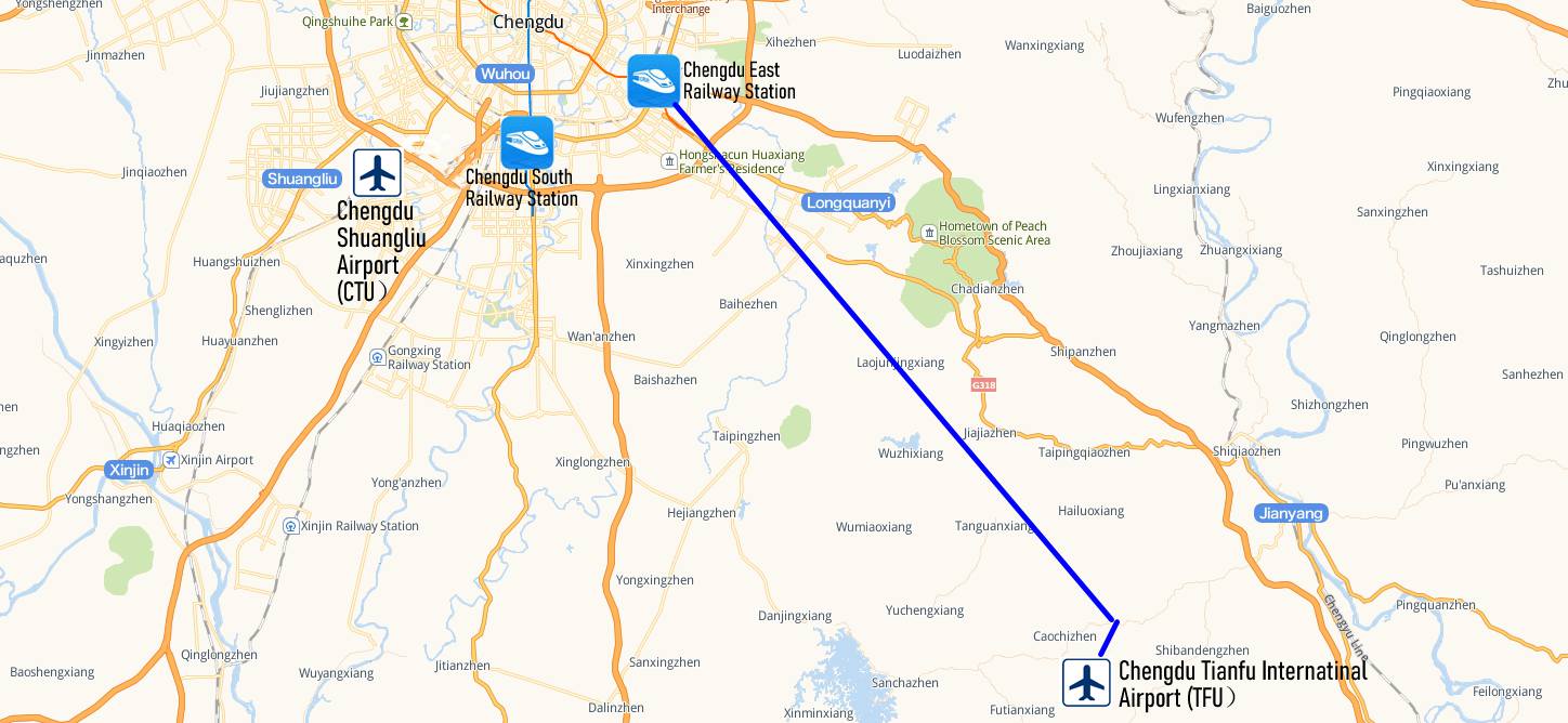 Map from Chengdu Tianfu Airport(TFU) to Chengdu east Railway Station