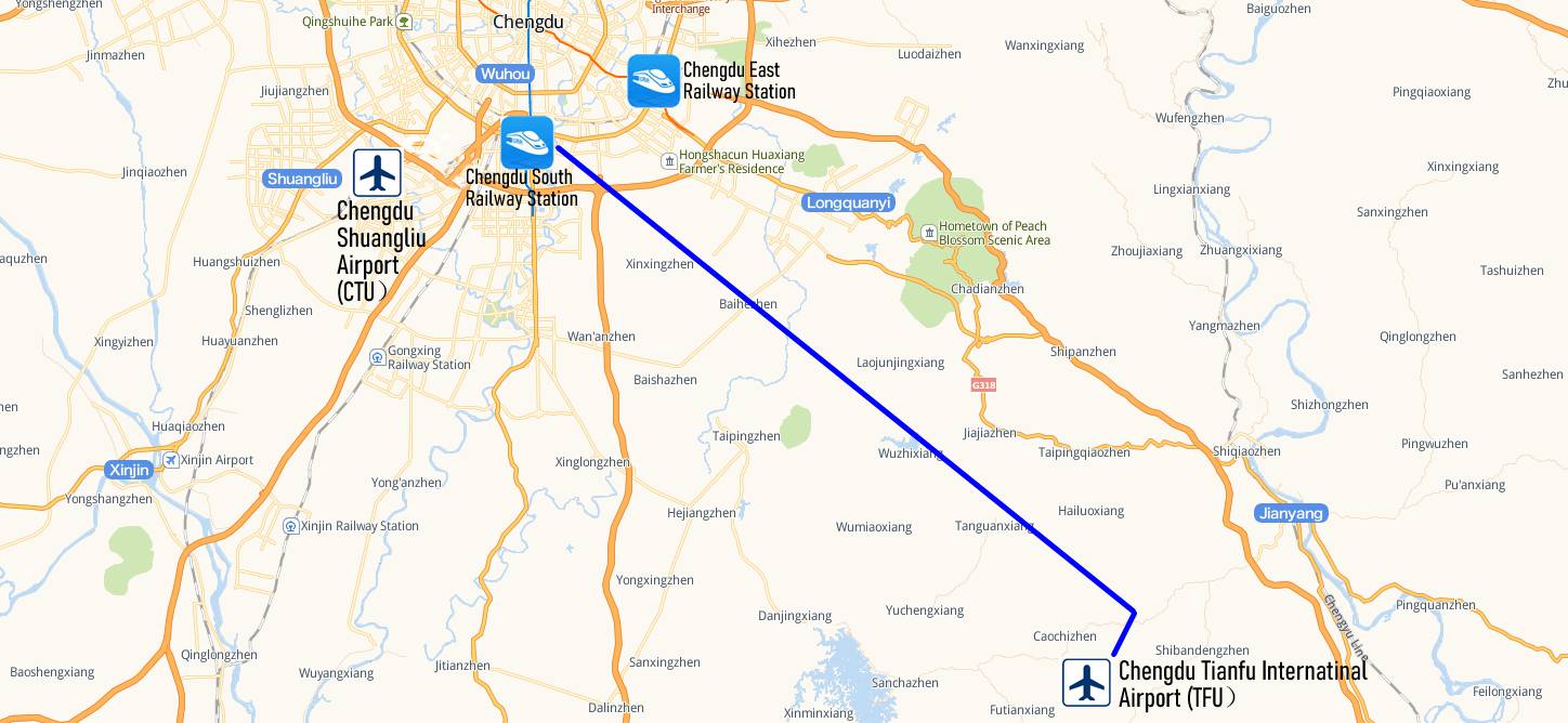 Map from Chengdu Tianfu Airport(TFU) to Chengdu South Railway Station