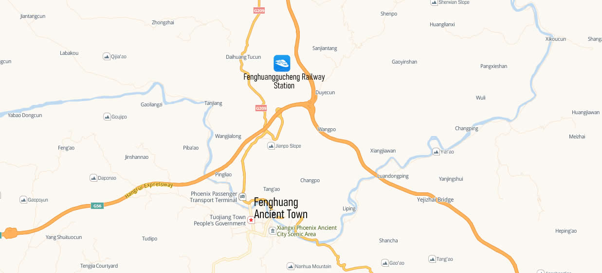 Map of Fenghuang Gucheng Railway Station, Fenghuang Gucheng train station map, location, Fenghuang Ancient Town