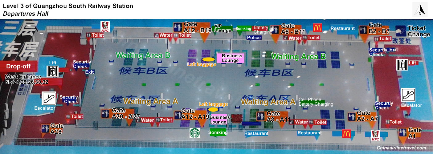 layout, plan map of Level 3, departures hall of Guangzhou Railway Railway Station