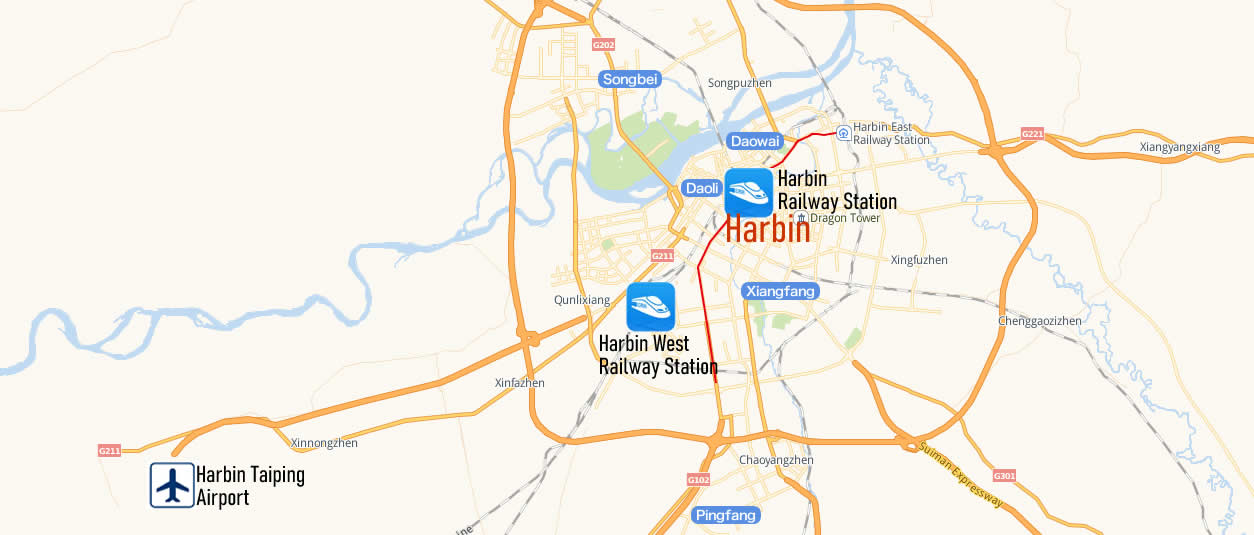 Map of Harbin Railway Station, Map of Harbin high speed train station, location