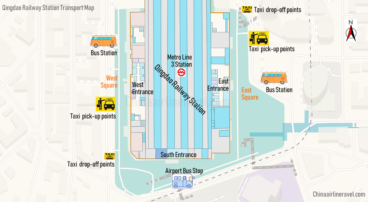 Qingdao Railway Station transport map, bus station, taxi point, metro line 3 station, map, location