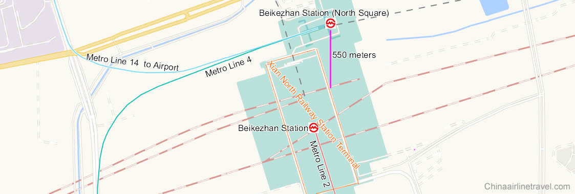 metro line 2 and metro line 4 location at Xian North Railway Station, Beiguangchang