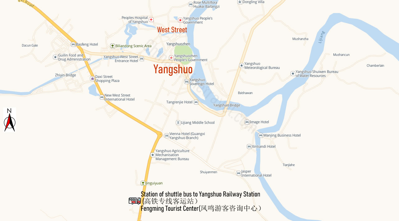 Shuttle bus station map, from Yangshuo Railway Station to Yangshuo